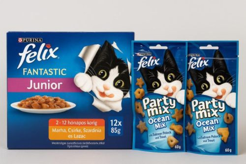  Felix Fantastic Junior Nedves Macskaeledel Aszpikban (12x85g) Marha, Csirke, Szardínia és Lazac Ízesítéssel,+ 3 Felix Party Mix Ocean Mix Kedvezményes Csomagajánlat