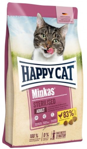 Happy Cat Minkas Sterilised Adult Száraz Macskaeledel Ivartalanított Felnőtt Macskáknak 10kg - Csökkentett Zsírtartalmú, 83% Állati Eredetű Fehérjével, Baromfihússal