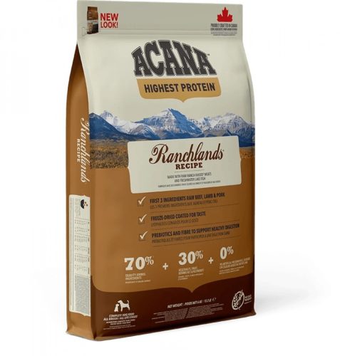 Acana Ranchlands Prémium Minőségű Gabonamentes Száraztáp Kutyáknak 11.4kg - Húsban Gazdag Összetétel az Erős Izomzatért és Kiegyensúlyozott Vitalitásért