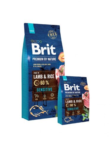 Brit Premium by Nature Sensitive Bárány & Rizs Száraz Kutyatáp 15kg - Hipoallergén, Búzamentes Formula Érzékeny Emésztésű Felnőtt Kutyáknak, Omega Zsírsavakkal és Ízületvédő Összetevőkkel