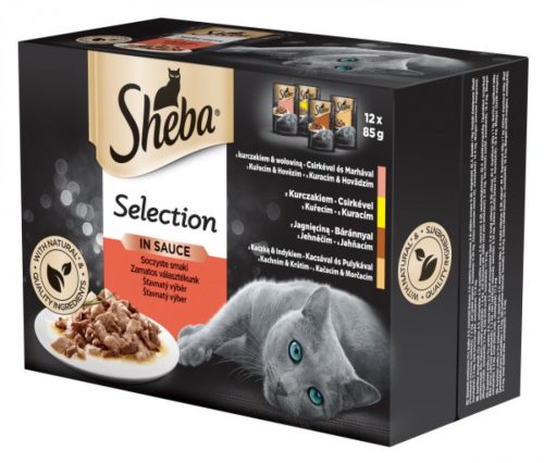 Sheba Alutasakos Nedves Macskaeledel 12x85g Csirke és Marha, Csirke, Bárány, Kacsa és Pulyka Ínycsiklandó Recepttel Természetes Összetevőkkel - Teljes Értékű Táplálás Felnőtt Macskáknak