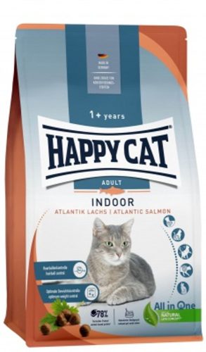 Happy Cat Indoor Adult Atlantik-Lachs Száraz Macskaeledel Beltéri Felnőtt Macskáknak 4kg - Csökkentett Zsírtartalmú, Könnyen Emészthető Lazaccal, Szőrlabda-Kontrollal és Szagcsökkentéssel
