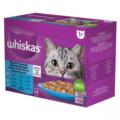 Whiskas Alutasakos 12 Pack Halas Kedvencek Aszpikban Lazac, Tőkehal, Tonhal és Fehérhúsú Hal Ízesítéssel 85g 12db - Ízletes és Tápláló Választás Halimádó Macskáknak