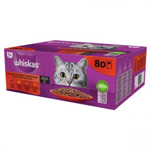 Whiskas Alutasakos 80 Pack Macskák Részére Marha, Csirke, Pulyka, Borjú Ízletes Recepttel 85g 80db - Teljes Értékű és Változatos Táplálás Nagy Kiszerelésben