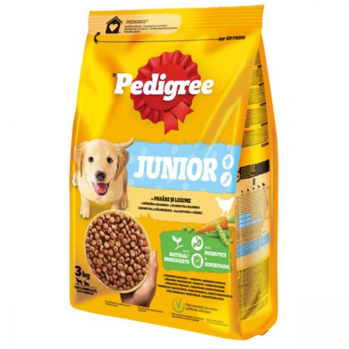 Pedigree Junior Száraz Kutyatáp Baromfival és Zöldségekkel Közepes és Nagytestű Kölyökkutyáknak 3kg - Teljes Értékű Eledel Egészséges Növekedéshez
