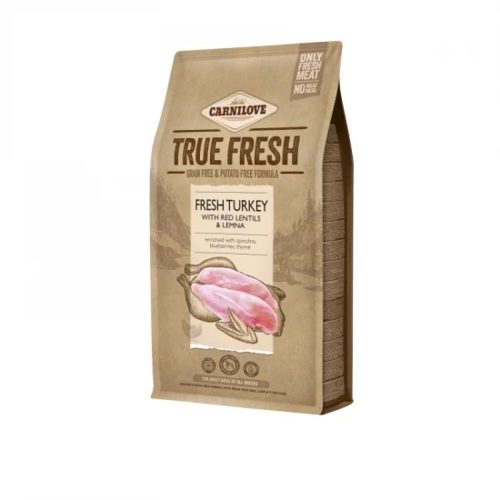 Carnilove True Fresh Pulyka Prémium Minőségű Gabona- és Burgonyamentes Száraztáp Felnőtt Kutyáknak 4kg - Friss Pulykahússal. Vöröslencsével és Békalencsével az Egészséges Emésztésért és Vitalitásért