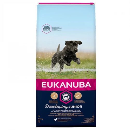 Eukanuba Junior Large Prémium Minőségű Száraztáp Nagytestű Kölyökkutyáknak Friss Csirkehússal 15kg - DHA-val a Tanulási Képesség Fejlesztéséért