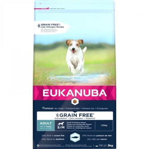 Eukanuba Adult Grain Free Small & Medium Ocean Fish Prémium Minőségű Gabonamentes Száraztáp Kistestű és Közepes Testű Felnőtt Kutyáknak 3kg