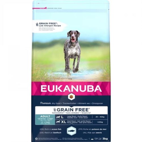 Eukanuba Adult Grain Free Ocean Fish Prémium Minőségű Gabonamentes Száraztáp Nagytestű Felnőtt Kutyáknak 3kg - Csirkehúsmentes Receptúra Frissen Fagyasztott Lazaccal az Erős Izomzatért