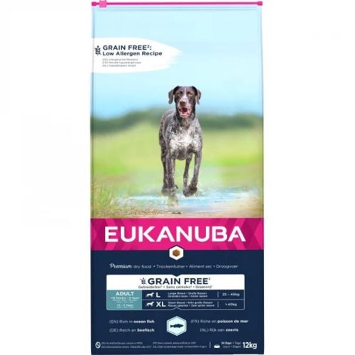 Eukanuba Adult Grain Free Ocean Fish Prémium Minőségű Gabonamentes Száraztáp Nagytestű Felnőtt Kutyáknak 12kg - Csirkehúsmentes Receptúra Frissen Fagyasztott Lazaccal az Erős Izomzatért