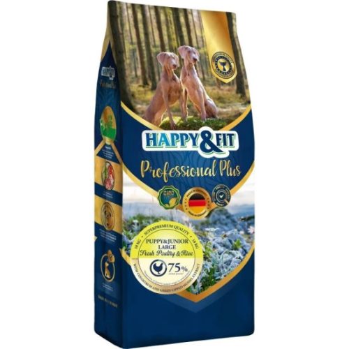 Happy & Fit Professional Plus Puppy & Junior Large Fresh Poultry & Rice 18kg - Búzagluténmentes, Hipoallergén Száraz Kutyatáp Nagytestű Kölyökkutyáknak, Zöldkagylóval és Kolosztrummal