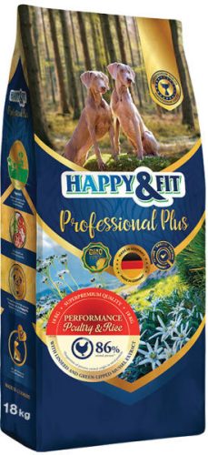Happy & Fit Professional Plus Performance Baromfi & Rizs Száraz Kutyatáp 18kg - Gluténmentes, Hipoallergén Aktív Felnőtt Kutyáknak