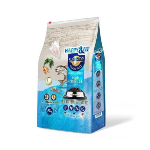 Happy & Fit Superior Grain Free Hipoallergén Pisztráng, Halolajjal és Glükozaminnal Száraz Kutyatáp 10kg - Gabonamentes, Egyfehérjés Receptúra Érzékeny Emésztésű Felnőtt Kutyáknak
