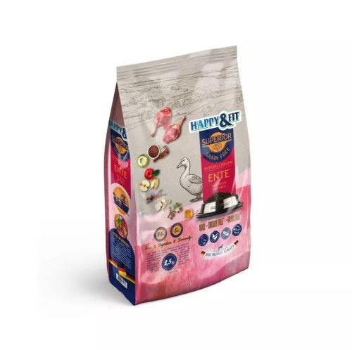 Happy & Fit Superior Grain Free Hipoallergén Kacsa, Halolajjal és Almával Száraz Kutyatáp 2.5kg - Gabonamentes, Egyfehérjés Receptúra Érzékeny Emésztésű Felnőtt Kutyáknak