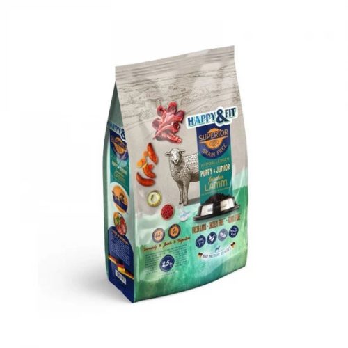 Happy & Fit Superior Hipoallergén GF Puppy & Junior Friss Bárány, Édesburgonyával és Vörösáfonyával Száraz Kutyatáp 2.5kg - Gabonamentes, Egyfehérjés Receptúra Kölyök és Junior Kutyáknak, Immunerősítő Összetevőkkel és Természetes Rostokkal