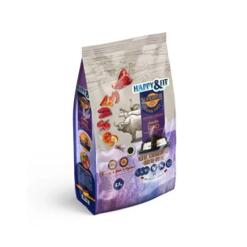 Happy & Fit Superior Grain Free Hipoallergén Friss Marha, Strucc, Vízibivaly, Sütőtökkel Száraz Kutyatáp 2.5kg - Gabonamentes, Többfehérjés Receptúra Érzékeny Emésztésű Felnőtt Kutyáknak, Ízületvédő Összetevőkkel és Természetes Rostokkal