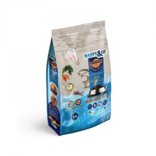 Happy & Fit Superior Grain Free Hipoallergén Friss Pisztráng, Halolajjal, Glükozaminnal és Kondroitinnel Száraz Kutyatáp 2.5kg - Gabonamentes, Egyfehérjés Receptúra Érzékeny Emésztésű Felnőtt Kutyáknak