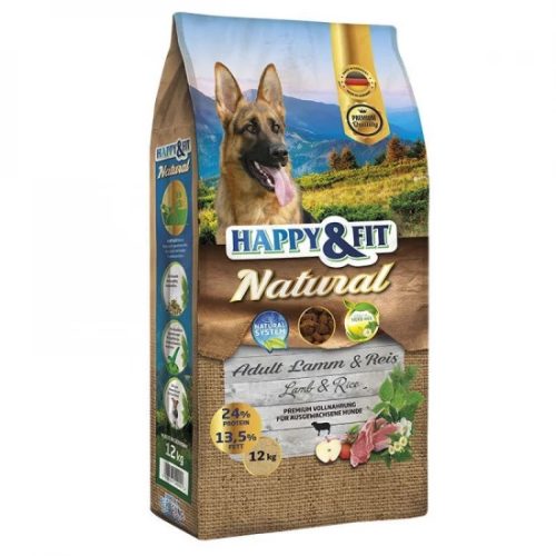 Happy & Fit Natural Adult Bárány & Rizs Száraz Kutyatáp 12kg - Gluténmentes, Hipoallergén Felnőtt Kutyáknak, Természetes Rostokkal és Gyógynövényekkel
