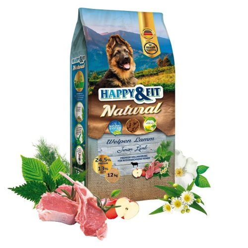 Happy & Fit Natural Welpen Bárány Száraz Kutyatáp 12kg - Gluténmentes, Könnyen Emészthető Kölyökkutyáknak, Gyógynövényekkel és Omega Zsírsavakkal