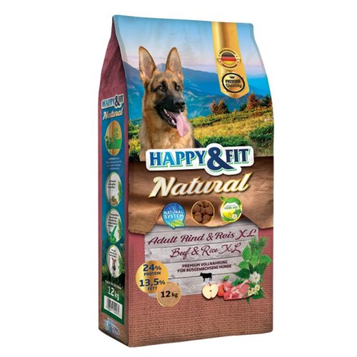Happy & Fit Natural Adult Marha & Rizs XL Száraz Kutyatáp 12kg - Gluténmentes, Könnyen Emészthető Nagytestű Felnőtt Kutyáknak, Gyógynövényekkel és Természetes Rostokkal