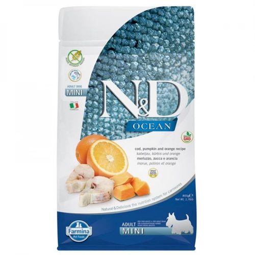 N&D Ocean Tőkehal, Sütőtök & Narancs Száraz Kutyatáp Kistestű Felnőtt Kutyáknak 800g - Gabonamentes, Hipoallergén, Egyféle Állati Fehérjével, Omega-3 Zsírsavakkal és Emésztést Támogató Összetevőkkel