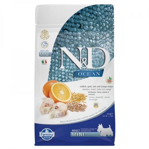 N&D Ocean Tőkehal, Tönköly, Zab & Narancs Száraz Kutyatáp Kistestű Felnőtt Kutyáknak 800g - Csökkentett Gabonatartalmú, Búzagluténmentes, Omega-3 Zsírsavakkal és Emésztést Támogató Összetevőkkel