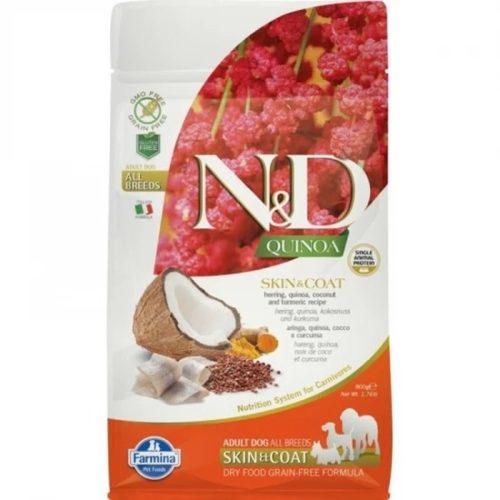 N&D Quinoa Skin & Coat Hering & Kókusz Száraz Kutyatáp Kistestű Felnőtt Kutyáknak 800g - Gabonamentes, Hipoallergén, Friss Vadon Fogott Heringgel
