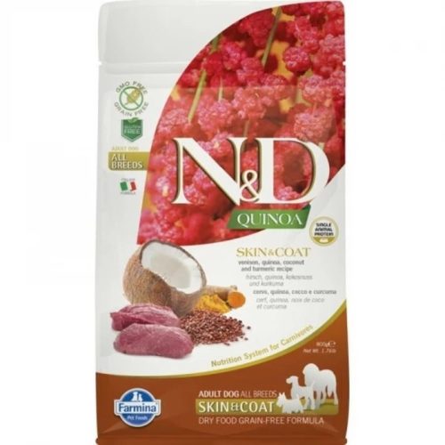N&D Quinoa Skin & Coat Száraz Kutyatáp Kistestű Felnőtt Kutyáknak 800g - Gabonamentes, Hipoallergén, Szarvashússal az Egészséges Bőrért és Szőrzetért