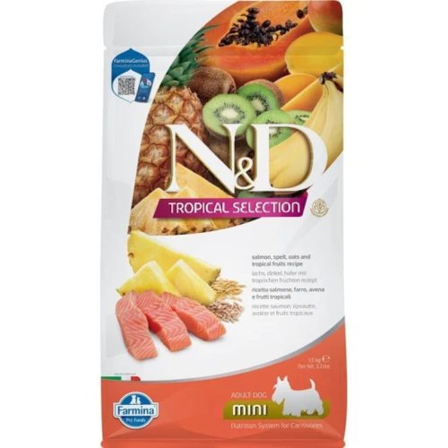 N&D Tropical Selection Lazac Száraz Kutyatáp Kistestű Felnőtt Kutyáknak 1,5kg - Hipoallergén, Ősi Gabonákkal és Trópusi Gyümölcsökkel