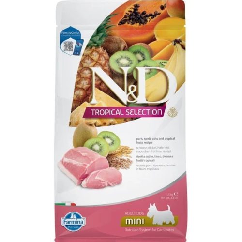 N&D Tropical Selection Sertés Száraz Kutyatáp Kistestű Felnőtt Kutyáknak 1,5kg - Hipoallergén, Alacsony Glikémiás Indexű Ősi Gabonákkal és Trópusi Gyümölcsökkel