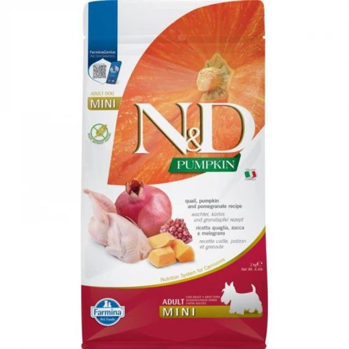 N&D Pumpkin Fürj & Gránátalma Sütőtökkel Száraz Kutyatáp Kistestű Felnőtt Kutyáknak 2kg - Gabonamentes, Hipoallergén, Fürjhússal, Sütőtökkel és Gránátalmával