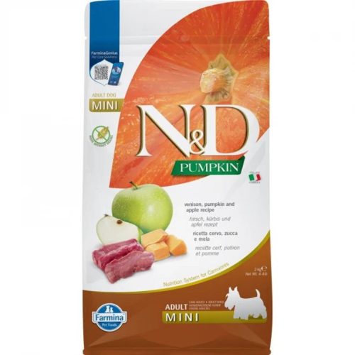 N&D Pumpkin Szarvas, Sütőtök & Alma Száraz Kutyatáp Kistestű Felnőtt Kutyáknak 2kg - Gabonamentes, Hipoallergén, Szarvashússal, Sütőtökkel és Almával, Glükozaminnal