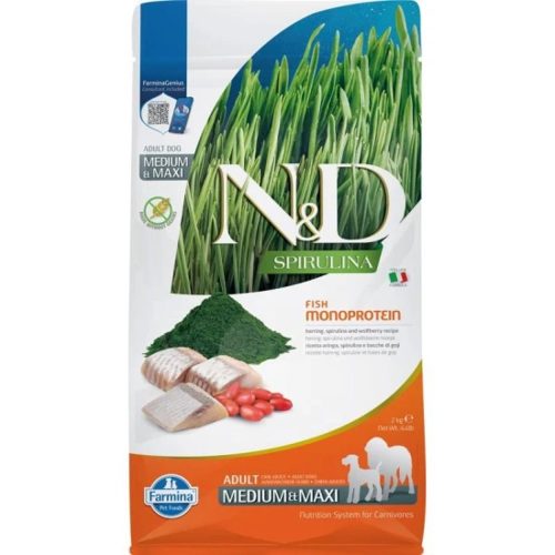 N&D Spirulina Hering Száraz Kutyatáp Közepes és Nagytestű Felnőtt Kutyáknak 2kg - Gabonamentes, Hipoallergén, Heringgel, Spirulinával és Goji Bogyóval