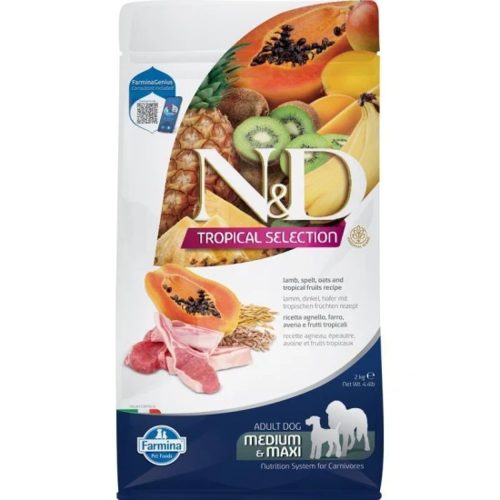 N&D Tropical Selection Bárány Száraz Kutyatáp Közepes és Nagytestű Felnőtt Kutyáknak 2kg - Hipoallergén, Állati Eredetű Fehérjével, Alacsony Glikémiás Indexű Ősi Gabonákkal