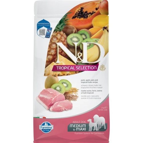 N&D Tropical Selection Sertés Száraz Kutyatáp Közepes és Nagytestű Felnőtt Kutyáknak 2kg - Hipoallergén, Állati Eredetű Fehérjével, Alacsony Glikémiás Indexű Ősi Gabonákkal és Trópusi Gyümölcsökkel