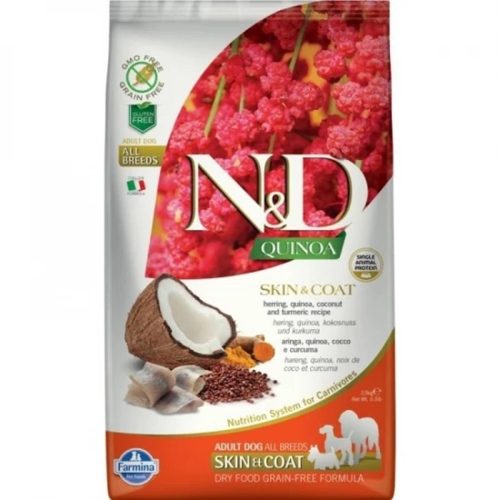 N&D Quinoa Skin & Coat Hering Száraz Kutyatáp Felnőtt Kutyáknak 2.5kg - Gabonamentes, Hipoallergén, Állati Eredetű Fehérjével, Spirulinával, Kókuszdióval és Kurkumával az Egészséges Bőrért és Szőrzetért