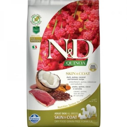 N&D Quinoa Skin & Coat Kacsa Száraz Kutyatáp Felnőtt Kutyáknak 2.5kg - Gabonamentes, Hipoallergén, Kacsahússal, Quinoával, Kókuszdióval és Kurkumával, Omega-3 Zsírsavakkal, Glükozaminnal
