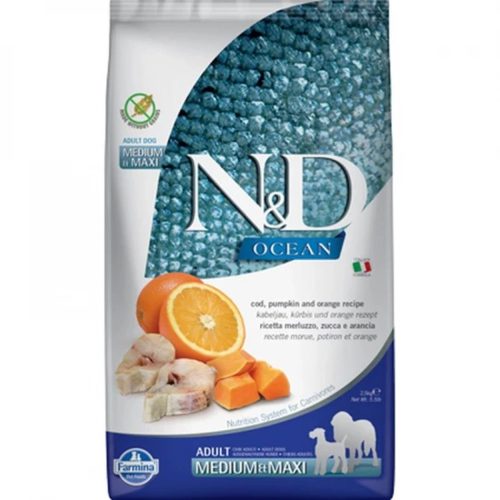 N&D Ocean Tőkehal, Sütőtök & Narancs Száraz Kutyatáp Közepes és Nagytestű Felnőtt Kutyáknak 2.5kg - Gabonamentes, Hipoallergén, Tőkehal Fehérjével