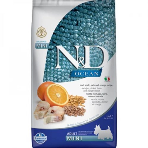 N&D Ocean Tőkehal, Tönköly, Zab & Narancs Száraz Kutyatáp Kistestű Felnőtt Kutyáknak 2.5kg - Csökkentett Gabonatartalmú, Búzagluténmentes