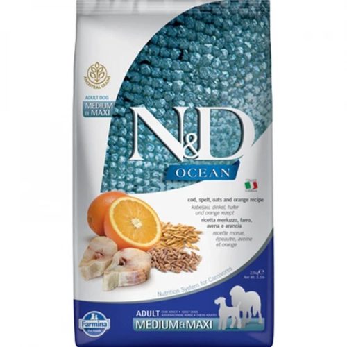 N&D Ocean Tőkehal, Tönköly, Zab & Narancs Száraz Kutyatáp Közepes és Nagytestű Felnőtt Kutyáknak 2.5kg - Csökkentett Gabonatartalmú, Gluténmentes, Tőkehal Fehérjével