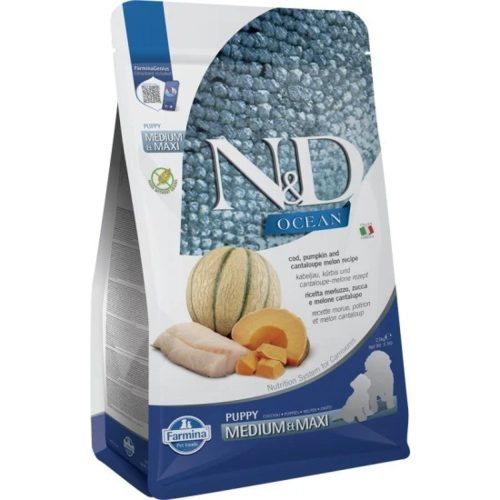 N&D Ocean Tőkehal, Sütőtök & Sárgadinnye Száraz Kutyatáp Közepes és Nagytestű Kölyökkutyáknak 2.5kg - Gabonamentes, Hipoallergén, Állati Eredetű Fehérjével