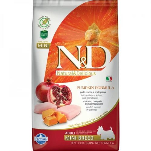 N&D Pumpkin Csirke & Gránátalma Száraz Kutyatáp Kistestű Felnőtt Kutyáknak 2.5kg - Gabonamentes, Hipoallergén, Állati Eredetű Fehérjével