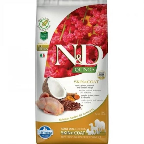 N&D Quinoa Skin & Coat Fürj Száraz Kutyatáp Közepes és Nagytestű Felnőtt Kutyáknak 7kg - Gabonamentes, Hipoallergén, Bőr- és Szőrzetápoló