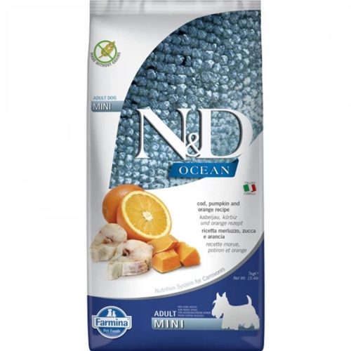 N&D Ocean Tőkehal & Narancs Száraz Kutyatáp Kistestű Felnőtt Kutyáknak 7kg - Gabonamentes, Hipoallergén, Omega-3 Zsírsavakkal, Sütőtökkel és Narancsal az Egészséges Emésztésért és Bőrért