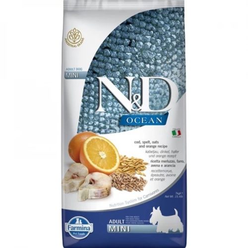 N&D Ocean Tőkehal, Tönköly, Zab & Narancs Száraz Kutyatáp Kistestű Felnőtt Kutyáknak 7kg - Csökkentett Gabonatartalmú, Búzagluténmentes, Omega-3 Zsírsavakkal, Emésztést Támogató Összetevőkkel és Ízületvédő Hatóanyagokkal
