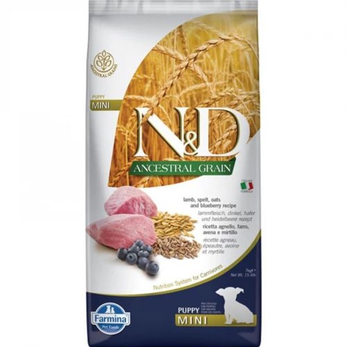 N&D Ancestral Grain Bárány, Tönköly, Zab & Áfonya Száraz Kutyatáp Kistestű Kölyökkutyáknak 7kg - Csökkentett Gabonatartalmú, Búzagluténmentes, Állati Eredetű Fehérjével