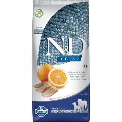 N&D Ocean Hering & Narancs Száraz Kutyatáp Közepes és Nagytestű Felnőtt Kutyáknak 12kg - Gabonamentes, Omega-3 Zsírsavakban Gazdag