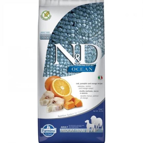 N&D Ocean Tőkehal, Sütőtök & Narancs Száraz Kutyatáp Közepes és Nagytestű Felnőtt Kutyáknak 12kg - Gabonamentes, Omega-3 Zsírsavakban Gazdag