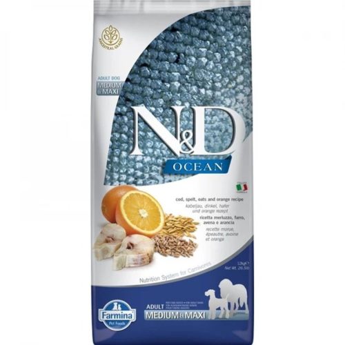 N&D Ocean Tőkehal, Tönköly, Zab & Narancs Száraz Kutyatáp Közepes és Nagytestű Felnőtt Kutyáknak 12kg - Omega-3 Zsírsavakban Gazdag, Alacsony Glikémiás Indexű