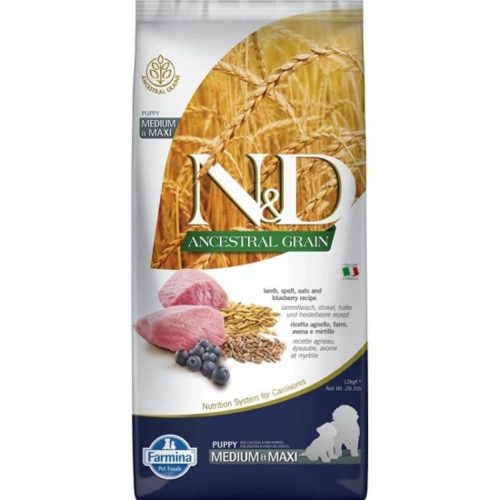 N&D Ancestral Grain Bárány, Tönköly, Zab & Áfonya Száraz Kutyatáp Közepes és Nagytestű Kölyökkutyáknak 12kg - Búzagluténmentes, Alacsony Glikémiás Indexű